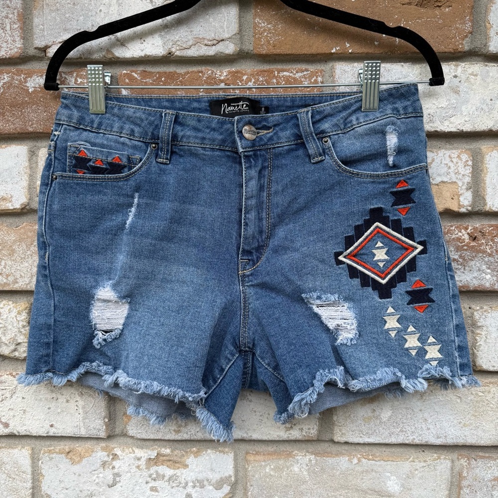 Nanette Lepore Mide Rise Denim Distressed Tribal Aztez Embroidered Jean Shorts 8